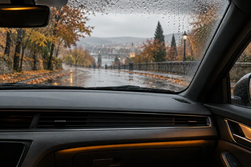 წვიმიანი ქუჩის ხედი ავტომობილის სუფთა საქარე მინიდან